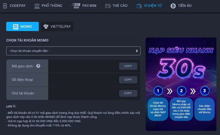 Nạp tiền qua ví điện tử momo